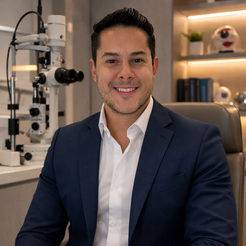 Dr. Felipe Costa sentado em seu consultório de oftalmologia